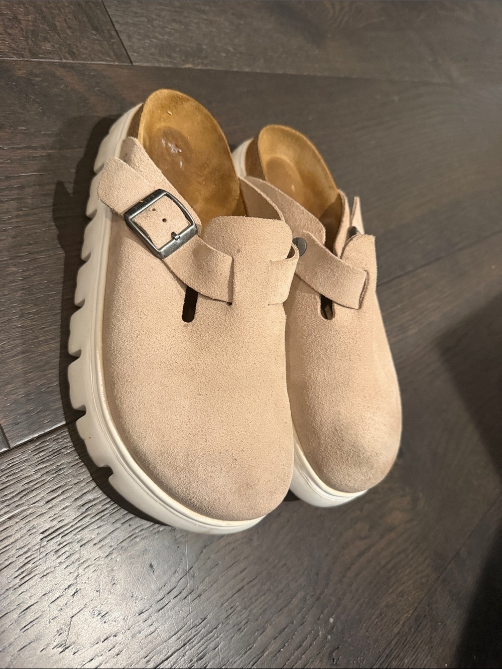 Papillio Beige Suede Clogs with White Sole and Silver Buckle